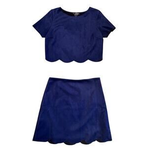 AQUA Kids Navy Blue Scalloped Trim Crop Top & Skirt Set Size L